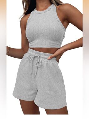 Women's Ribbed Drawstring Athletic Shorts in Light Gray